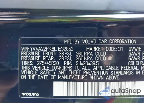 2020 Volvo Xc90 T6 Momentum 7 Passenger from USA, damaged, VIN YV4A22PK8L1532853